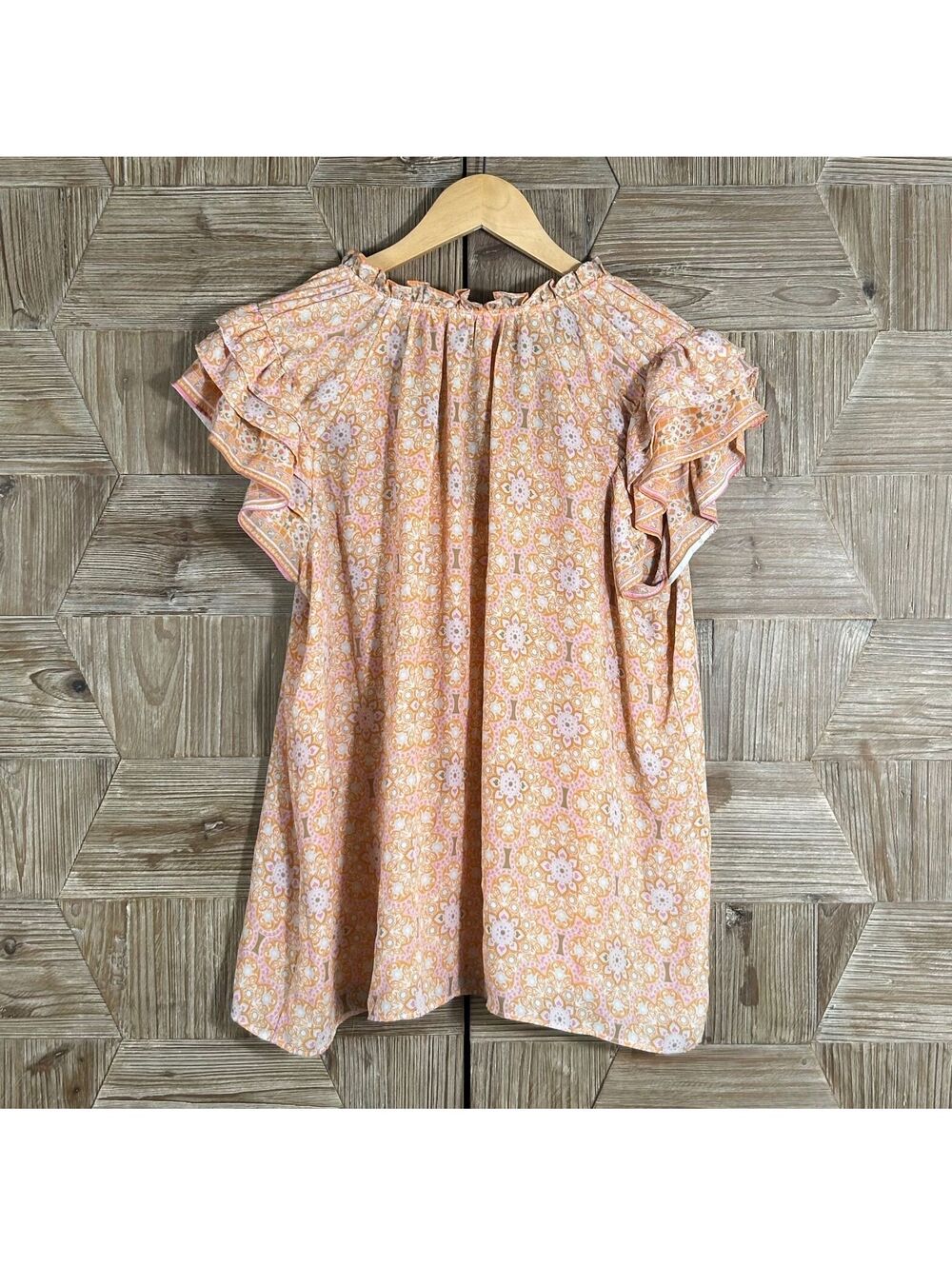 Rose & Olive Bohemian Floral Flutter Sleeve Blouse Top Women’s Large Coral Cream - Picture 4 of 7